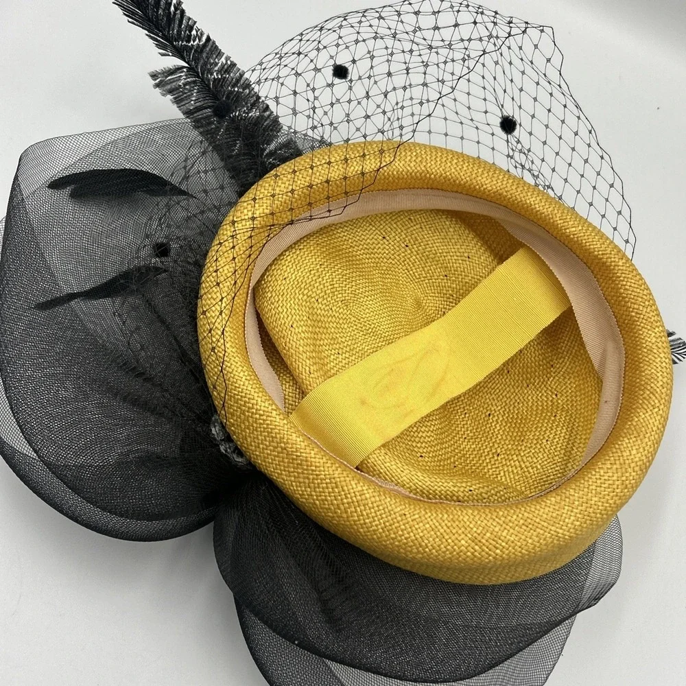 Yellow Black Fascinator Funeral Church Tea Party Hat Feathers Sequin Mesh